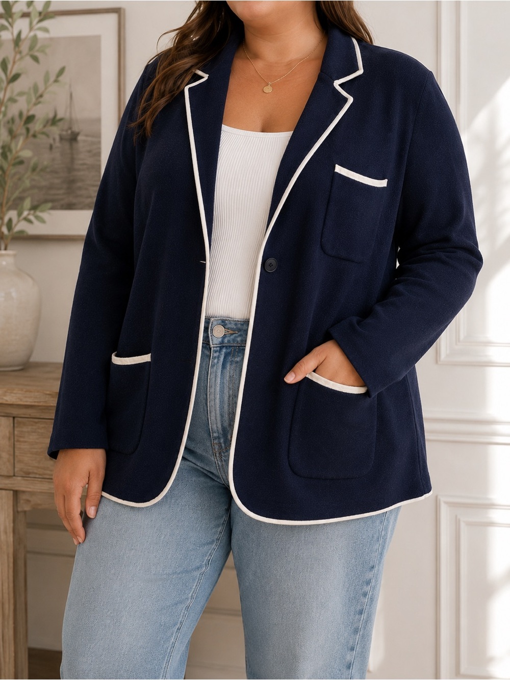 Scandinavian Knit Sweater Blazer Navy Contrast Trim Quiet Luxury Large